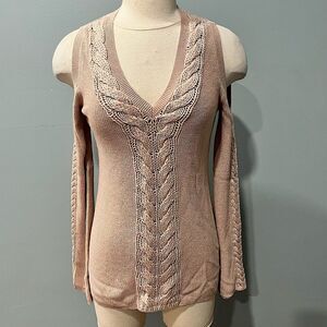 White House Black Market Metallic Pink Cable Knit Cold Shoulder Sweater Sz Small